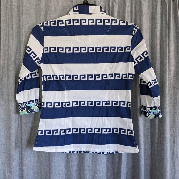 Tizzie Button Down Top Womens S Blue White Geometric Print 3/4 Sleeve Vacation - Picture 4 of 7